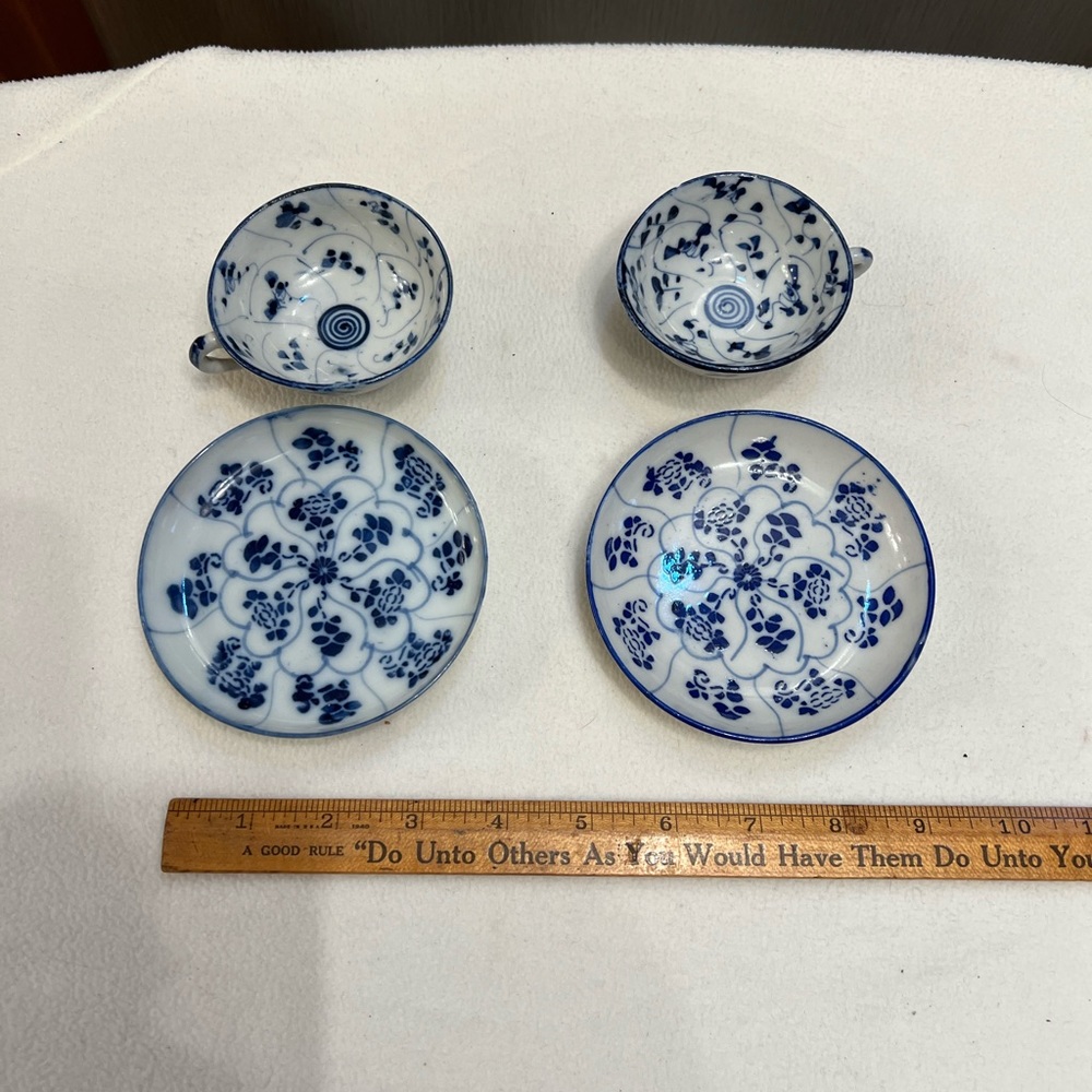 Japanese blue and white painted sake cup and saucer